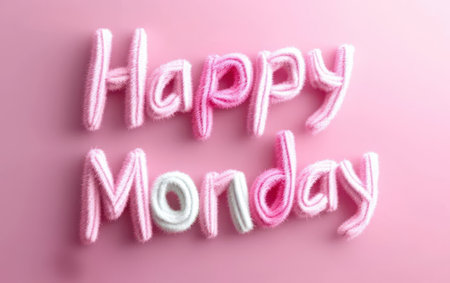 A playful and soft Happy Monday message crafted from fluffy, pink and white, pipe-cleaner-like letters. The pastel colors set against the light pink background create a cheerful, inviting feel. This image is perfect for promoting positive vibes and a lighthearted start to the week.の素材