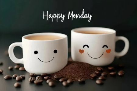This image shows two white coffee mugs with cute smiley faces and the text Happy Monday in a stylish font. The coffee mugs are surrounded by coffee beans, evoking a cozy and warm atmosphere that is perfect for starting the week with a smile.の素材