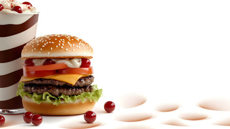 A delicious cheeseburger with fresh ingredients such as lettuce, tomato, and juicy beef, paired with a creamy milkshake on a clean white background. Perfect for food advertising and fast-food promotions.の素材