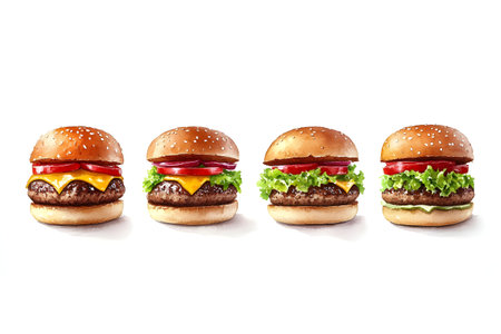 A row of four appetizing cheeseburgers with sesame seed buns, fresh lettuce, tomato slices, and melted cheese on juicy beef patties. Perfect for fast food advertising and culinary displays.の素材
