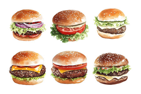 A detailed watercolor illustration of six diverse cheeseburgers, featuring sesame buns, fresh lettuce, tomatoes, onions, and melted cheese. Perfect for culinary design and food-related projects.の素材