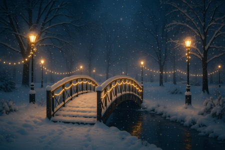 Snowy park at night with an arched footbridge wrapped in warm fairy lights, lampposts glowing through gentle snowfall, reflecting over a small stream peaceful winter scene.の素材