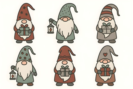 Set of six cozy Scandinavian gnomes with long hats, beards, gifts and lanterns, pastel red and green paletteの素材