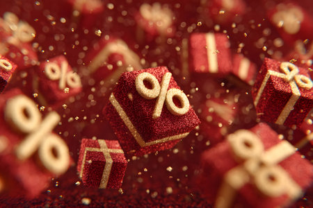 3D render of red gift boxes with golden ribbons and percent symbolsの素材