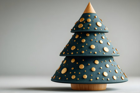 Minimal 3D render of a modern Christmas tree sculpture with teal textured layers and golden circular ornaments on a wooden base, isolated on a soft studio background.の素材