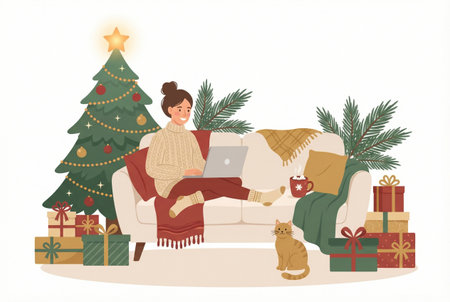 Cozy holiday scene: young woman in sweater working on a laptop.の素材