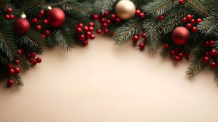 Christmas border with evergreen branches, red berries, and red and gold baubles on a beige background, elegant festive backdrop with copy space.の素材