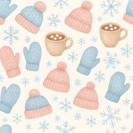 Seamless pattern with winter hats, mittens and a cup of hot chocolateの素材