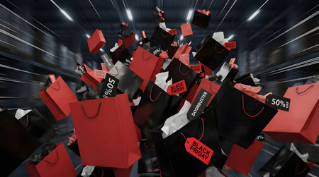 Flying red and black shopping bags with sale tags and tissue paper, motion blur in warehouse background, dynamic Black Friday discount concept.の素材
