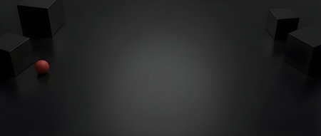 Minimal black background with glossy cubes and a single red ball, soft studio lighting and central copy space; modern 3D abstract scene for product or banner.の素材