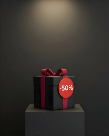 Minimal black gift box with red ribbon and -50 badge on pedestal under spotlight; stylish discount concept for sale, retail promotion, holiday offers.の素材
