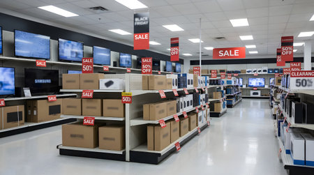 Electronics store aisle filled with boxed products and TVs under red SALE banners and 50 OFF signs; Black Friday retail discount display, bright fluorescent interior.の素材