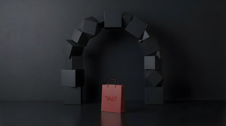 Dark minimalist studio with black cube arch and red shopping bag labeled SALE; geometric retail scene for branding, promotion, and discount advertising.の素材