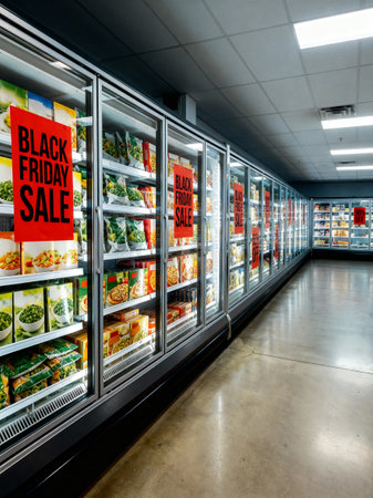 Supermarket freezer aisle with glass doors, frozen food packages and bright red Black Friday sale signs offering big discounts on groceries.の素材