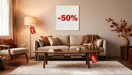 Cozy modern living room interior with beige sofa, coffee table and floor lamp, red sale tags and big -50 discount poster, autumn home decor promotion.の素材