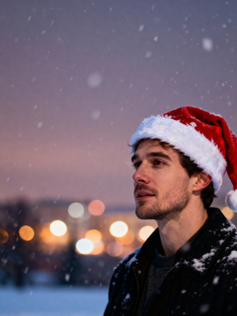Young man in a red Santa hat standing outdoors in falling snow at dusk, thoughtful Christmas portrait with city lights bokeh in the background.の素材