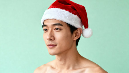 Young man wearing a red Santa hat looking away on light mint background, minimal Christmas portrait with copy space for festive design and holiday concepts.の素材