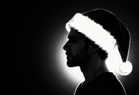 Silhouette of young man in Santa hat against bright backlight, black and white minimalist Christmas portrait with copy space for festive design or winter holiday concept.の素材
