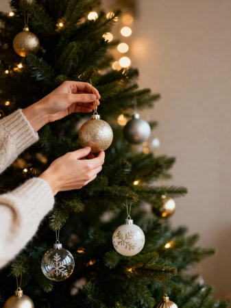 Woman decorating a Christmas tree with golden baubles and fairy lights, close up of hands hanging ornament on green branches in cozy warm interior.の素材