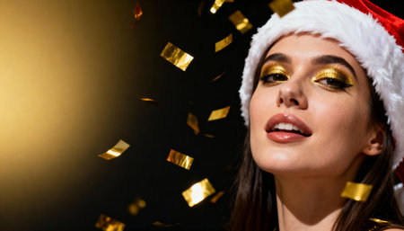 Festive closeup of a woman in a Santa hat with gold glitter eye makeup and flying confetti, black background with warm light and copy space; glamorous Christmas party beauty portrait.の素材