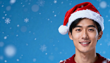 Smiling young man in red Santa hat on blue snowy background, cheerful Christmas portrait with copy space for winter holiday greeting, banner or advertising design.の素材