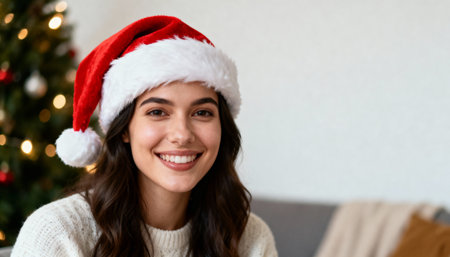 Smiling young woman wearing a Santa hat at home, cozy Christmas portrait with blurred tree lights and soft natural light, space for copy.の素材