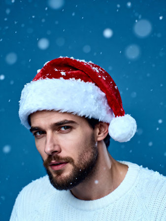 Handsome young man in red Santa hat and white sweater posing in falling snow on blue background, winter Christmas portrait with festive seasonal mood.の素材