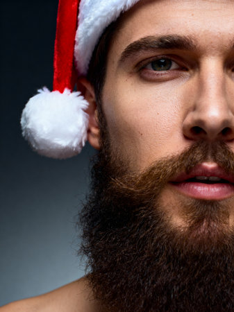 Close up of bearded man wearing red Santa hat on dark background, cropped Christmas portrait focusing on lips, eye and festive holiday details.の素材