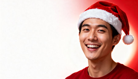 Smiling young man in red Santa hat and sweater on bright red and white background, cheerful Christmas portrait with copy space for holiday greeting or advertising.の素材