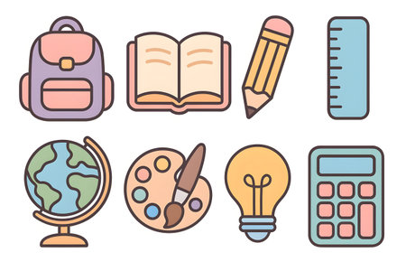 Back to school icon set: backpack, book, pencil, ruler, globe, palette, brush, lightbulb calculator Pastel outline isolated on whiteの素材