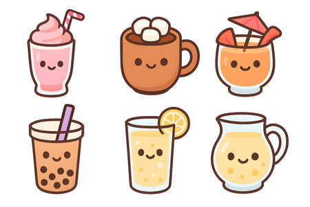 Kawaii beverage icon set featuring a smiling milkshake, hot chocolate with marshmallows, tropical cocktail with umbrella, bubble tea, lemonade with lemon slice, and a juice pitcher, on white.の素材
