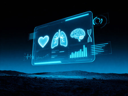 Holographic medical dashboard with heart, lungs, brain and DNA icons hovers above a moonlike landscape at night, showing charts and vitals, symbolizing space medicine, telemetry and AI health.の素材