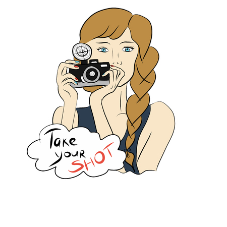 Closeup of beautiful photographer girl holding photo camera with flash. Drawing.の写真素材