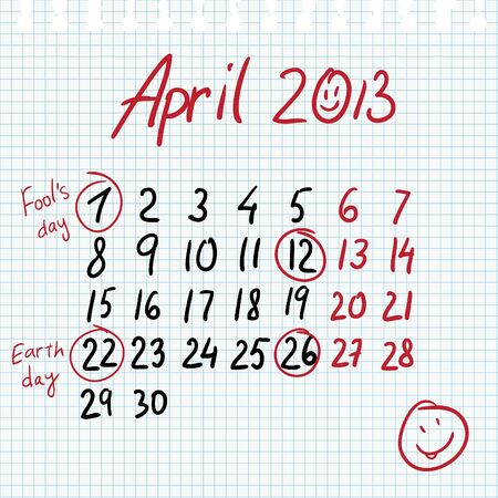 Calendar 2013 april in sketch style on notebook sheet with marked earth day and fools' dayのイラスト素材