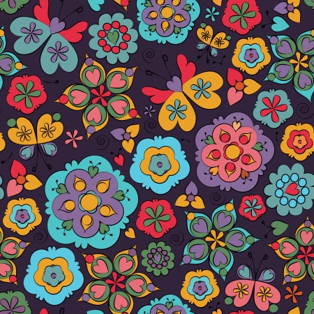 Seamless floral cartoon pattern with butterfliesのイラスト素材
