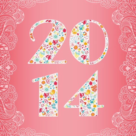 2014 Happy New Year greeting card in pink color with decorative frameのイラスト素材