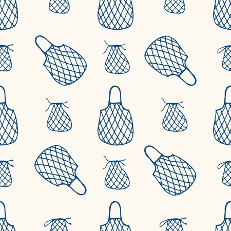 Seamless vector pattern with reusable mesh bags, net bags, string bags, netted bags in doodle handdrawn style, zero waste conceptionのイラスト素材