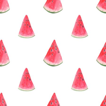 Seamless pattern with watercolor watermelon slices isolated on white. Hand drawn tropical background
