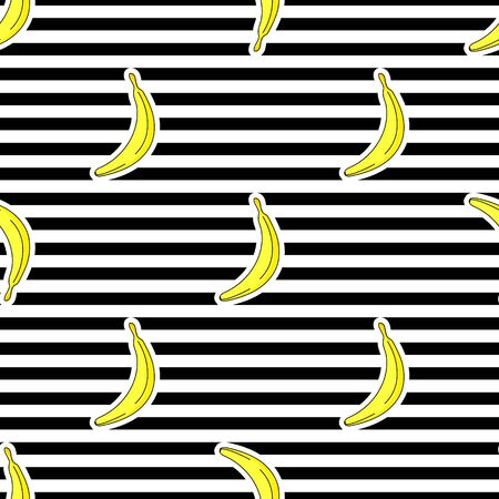 Seamless vector pattern with bananas on black and white lines background. Tropical doodle background. Summer illustration for prints, textile, digital paperのイラスト素材