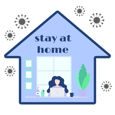 Concept of home office during quarantine. Happy women working on laptop inside house icon with coronavirus icons outside. Female freelance character sitting near window with bottle of antibacterial gel on her desk. Stay at homeのイラスト素材