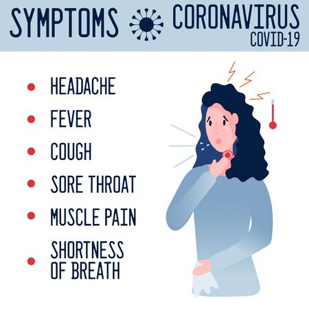 Vector alert banner with symptoms of coronavirus. Woman suffering from headache, fever, cough, sore throat, muscle pain, shortness of breath. Covid-2019 infographics with signs of illness.のイラスト素材