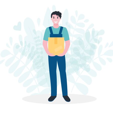 Smiling delivery man with cardboard box. Concept of delivery of online shopping. Courier with parcel. Vector flat illustration.のイラスト素材