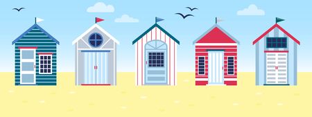 Flat vector tropical illustration of colorful beach huts in row on sea side landscape. Concept of summer vacation in surfhouse. Beach cabins with flagsのイラスト素材