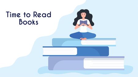 Tiny woman reading book, sitting on stack of giant books. Concept of book festival, letirature event or self-education. Flat vector illustration for book store or library. Time to read booksのイラスト素材