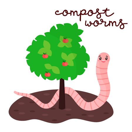 Vector cartoon illustration of funny earthworm near apple tree. Concept of organic fertilizer. Green plant grows from biohumus. Compost worms.のイラスト素材