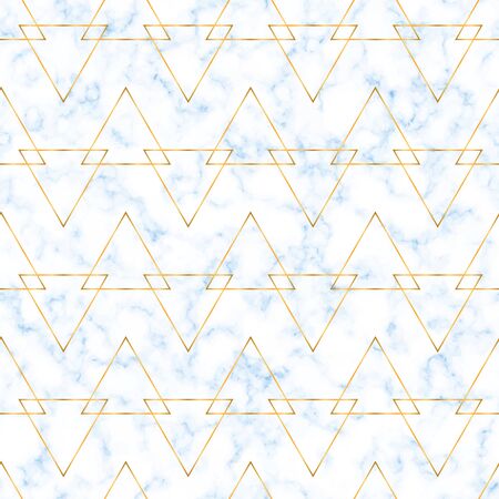 Vector seamless luxury pattern with blue marble texture and golden triangles. Marble background with golden polygons over it. Elegance backdrop for wedding invitations, decoration, cardのイラスト素材