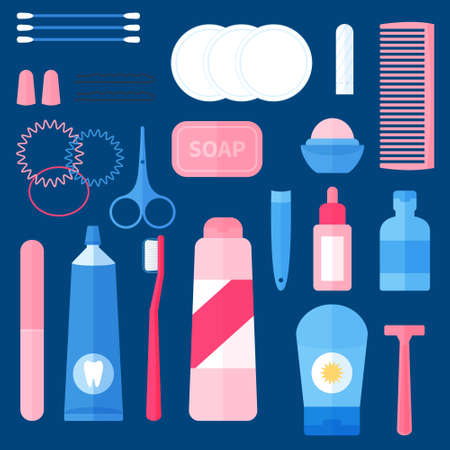 Women toiletry kit , bathroom essentials for ladies, travel portable set of hygiene accessories. Concept of personal hygiene care. Flat vector illustration.のイラスト素材