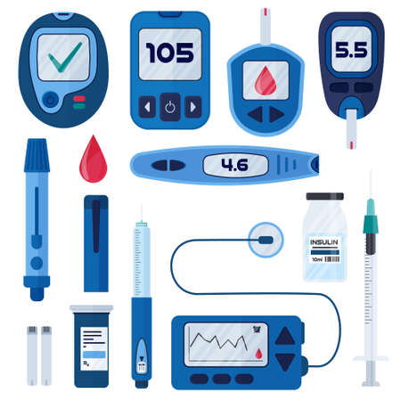 Diabetes flat vector infographic elements set in cartoon style. Diabetes equipment icon collection. Insuline pump, glucometer, syringe, pen, lancet, test strips. Concept of healthcare and preventionのイラスト素材