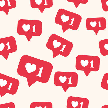 Vector seamless pattern with bright red social media like sign. Social network appreciate likes symbol, hearts, background. Simple trendy SMM backdrop.のイラスト素材