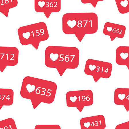 Vector seamless pattern with bright red social media like sign. Social network appreciate likes symbol, hearts, background. Simple trendy SMM backdrop.のイラスト素材
